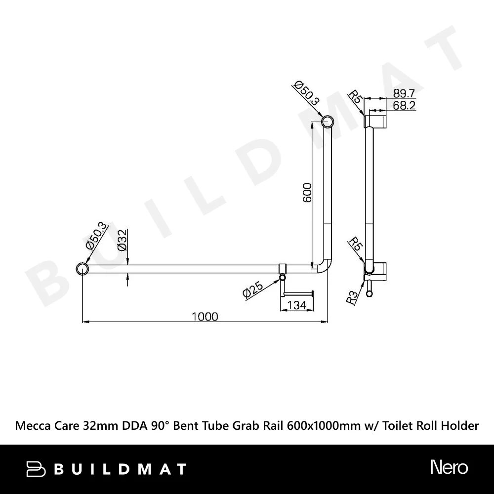 Nero Mecca Care DDA 600x1000mm 90 degree Bent Tube Grab Rail With Toilet Roll Holder Brushed Gold - Image 4