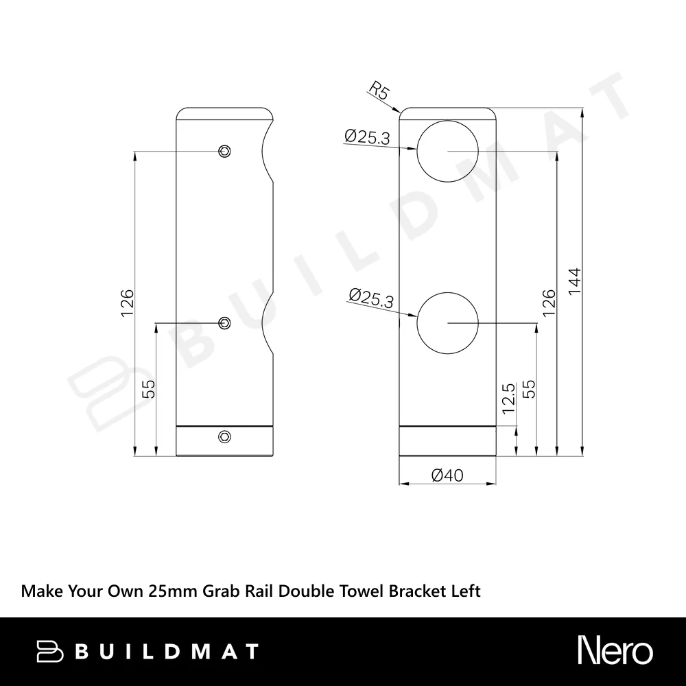 Nero Mecca Care Make Your Own 25mm Grab Rail Double Towel (Left) Bracket Matte Black - Image 5