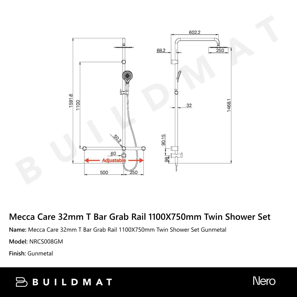 Nero Mecca Care 32mm T Bar Grab Rail 1100 x 750mm Twin Shower Set Gunmetal - Image 4