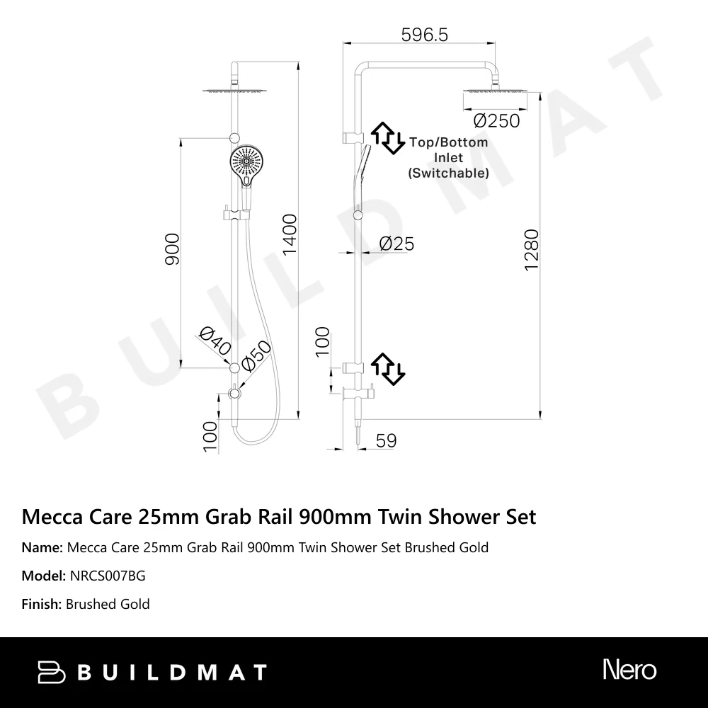 Nero Mecca Care 25mm Grab Rail 900mm Twin Shower Set Brushed Gold - Image 4