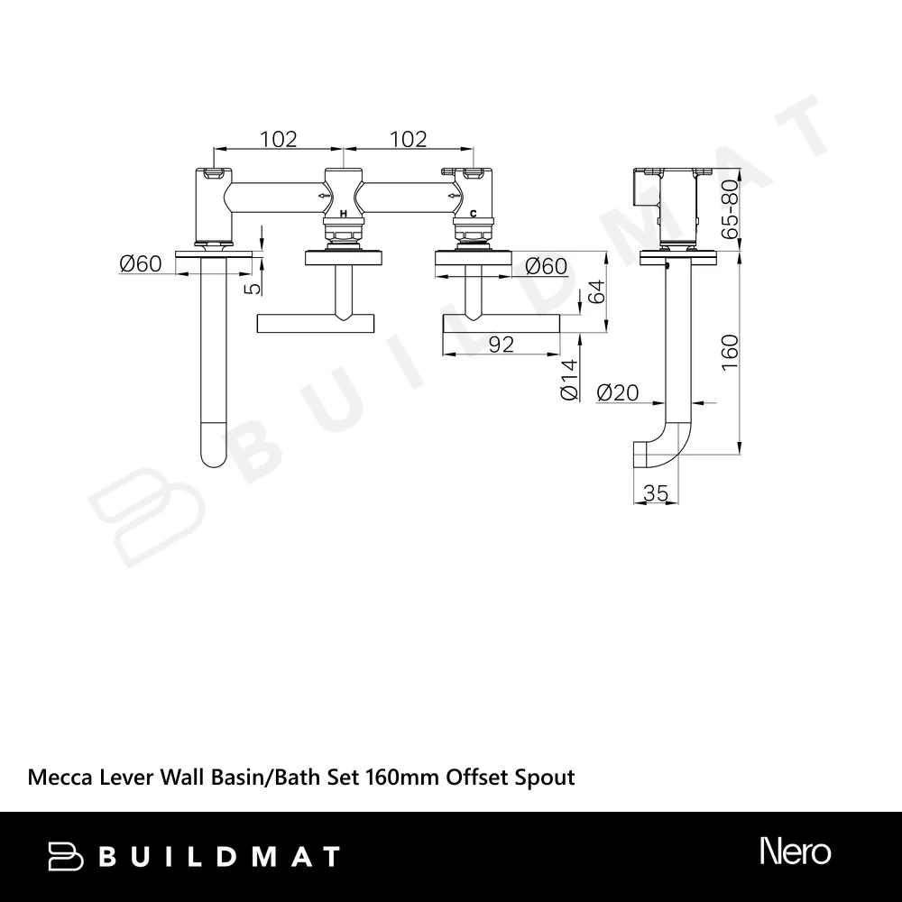 Nero Mecca Lever Wall Basin/Bath Set 160mm Offset Spout (Complete Kit) Brushed Gold - Image 4
