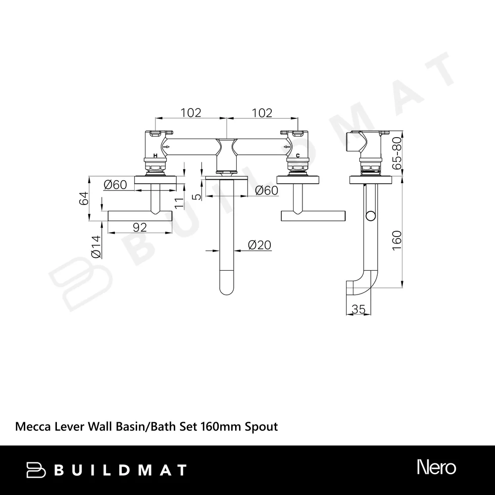 Nero Mecca Lever Wall Basin/Bath Set 160mm Spout (Complete Kit) Chrome - Image 4