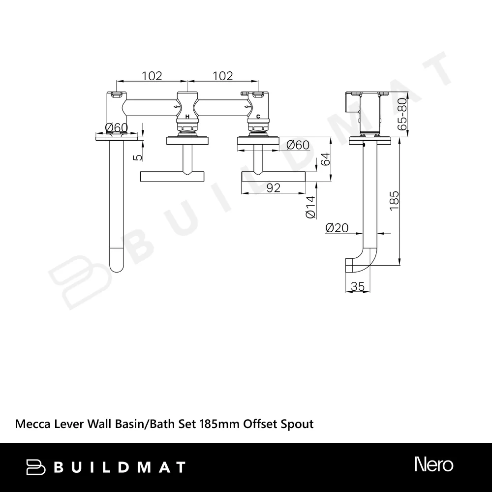 Nero Mecca Lever Wall Basin/Bath Set 185mm Offset Spout (Complete Kit) Brushed Bronze - Image 4