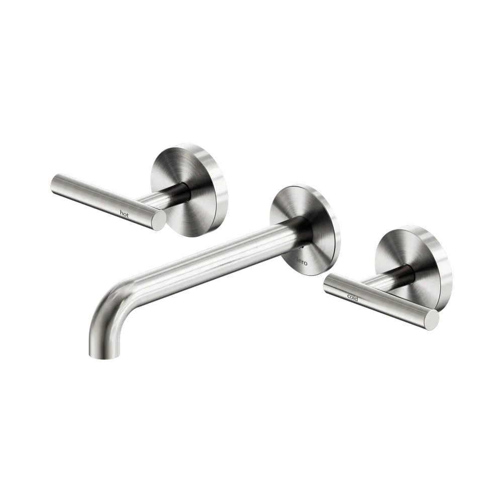Nero Mecca Lever Wall Basin/Bath Set 185mm Spout (Complete Kit) Brushed Nickel