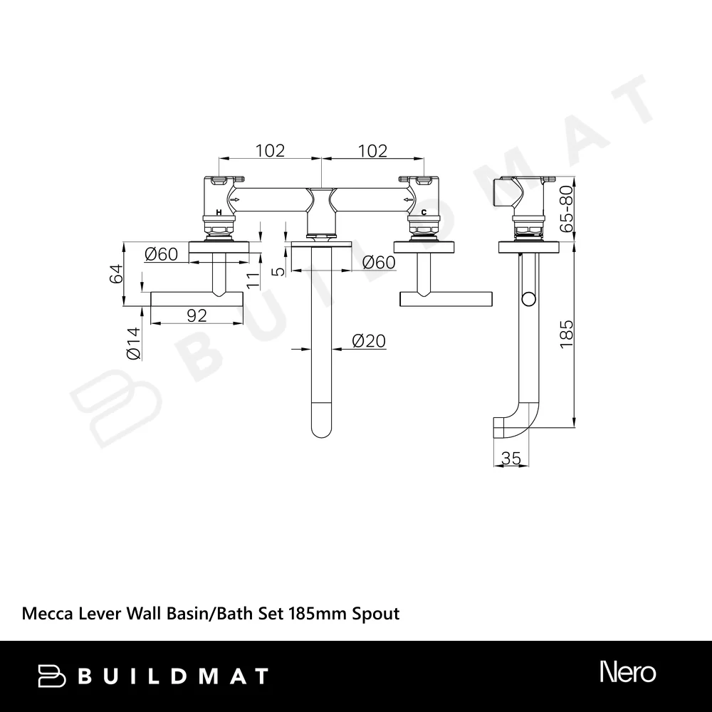 Nero Mecca Lever Wall Basin/Bath Set 185mm Spout (Complete Kit) Chrome - Image 4