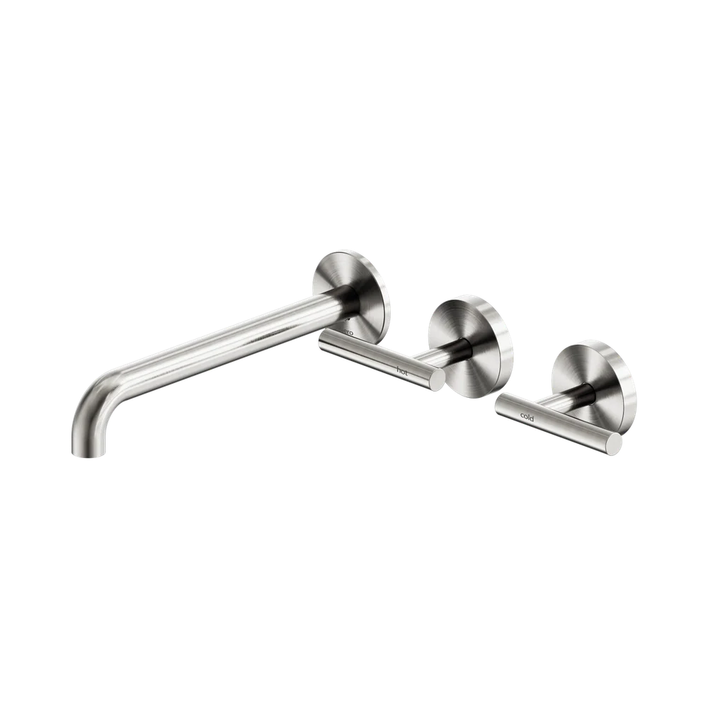 Nero Mecca Lever Wall Basin/Bath Set 220mm Offset Spout (Complete Kit) Brushed Nickel