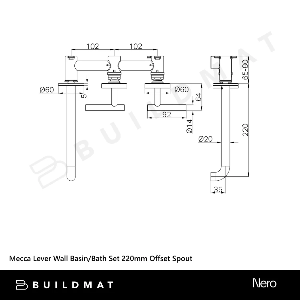 Nero Mecca Lever Wall Basin/Bath Set 220mm Offset Spout (Complete Kit) Matte Black - Image 4