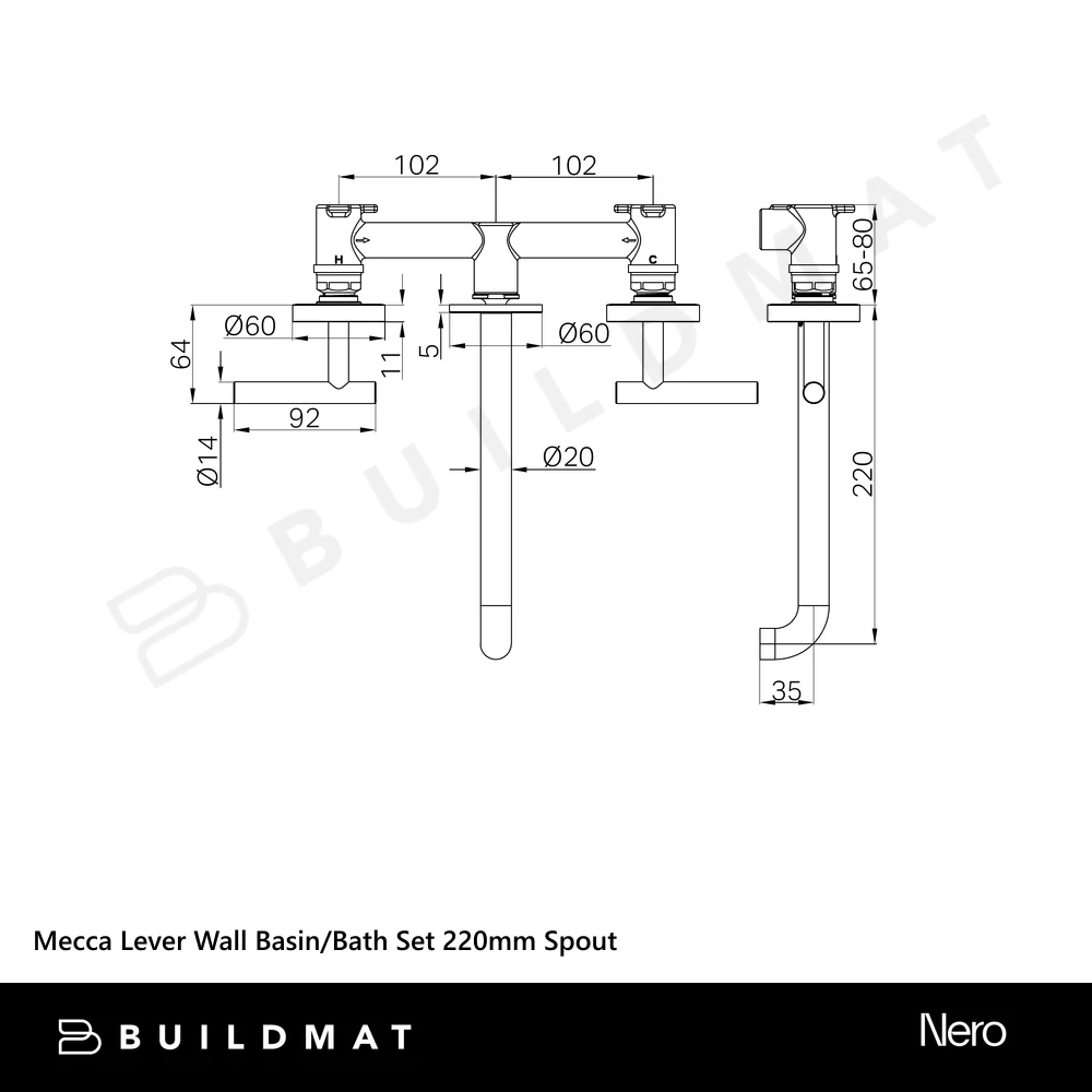 Nero Mecca Lever Wall Basin/Bath Set 220mm Spout (Complete Kit) Gunmetal - Image 4