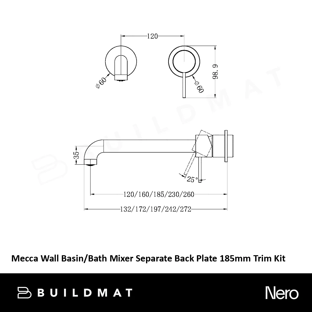 Nero Mecca Wall Basin Bath Mixer Separate Back Plate 185mm (Trim Kit Only) Brushed Nickel - Image 4