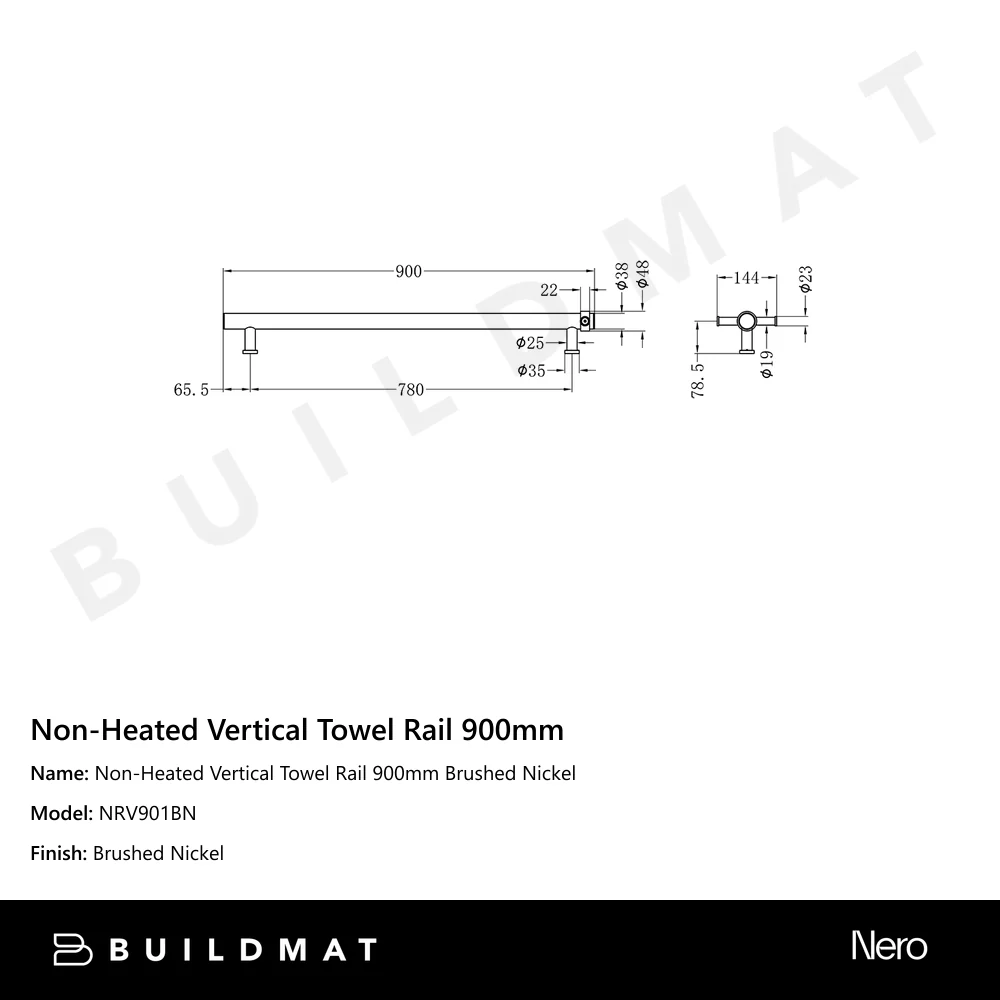 Nero Non-Heated Vertical Towel Rail 900mm Brushed Nickel - Image 4