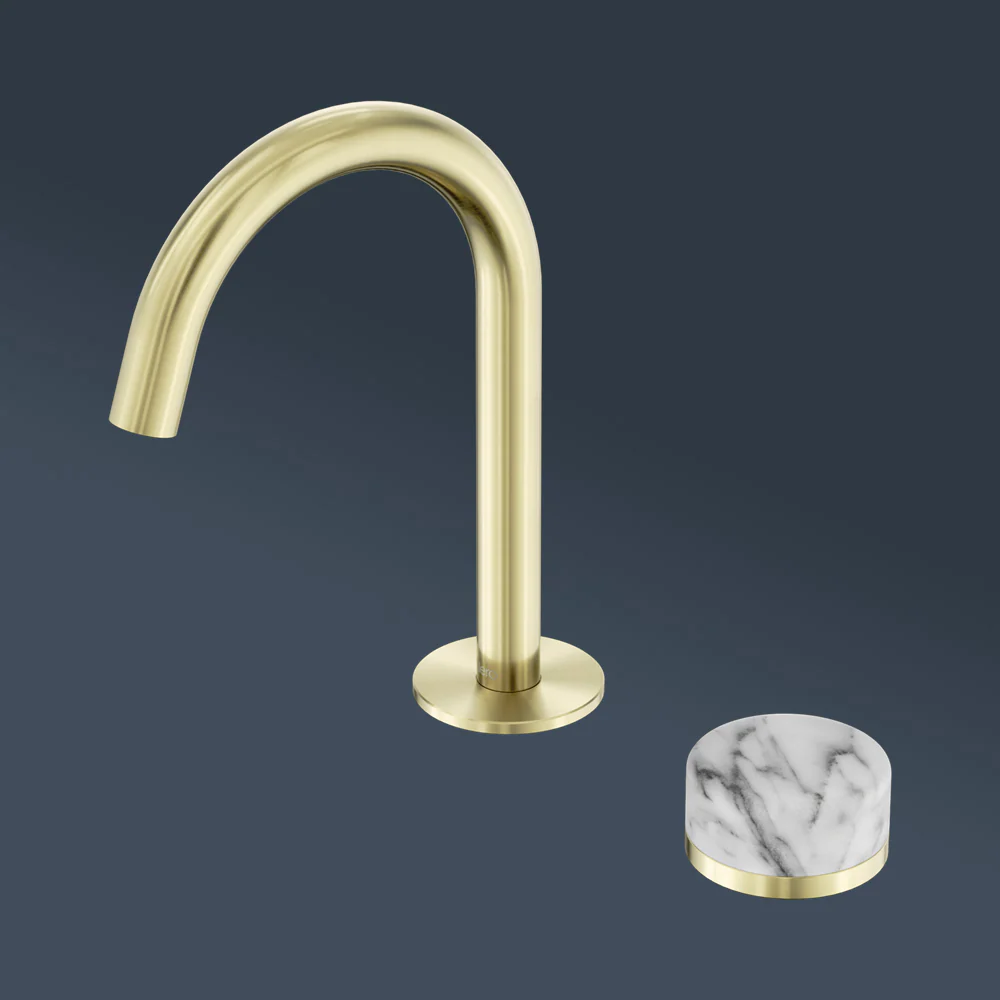 Nero Serenity Progressive Basin Mixer Arc Spout With Arabescato Corchia Handle Brushed Gold - Image 2