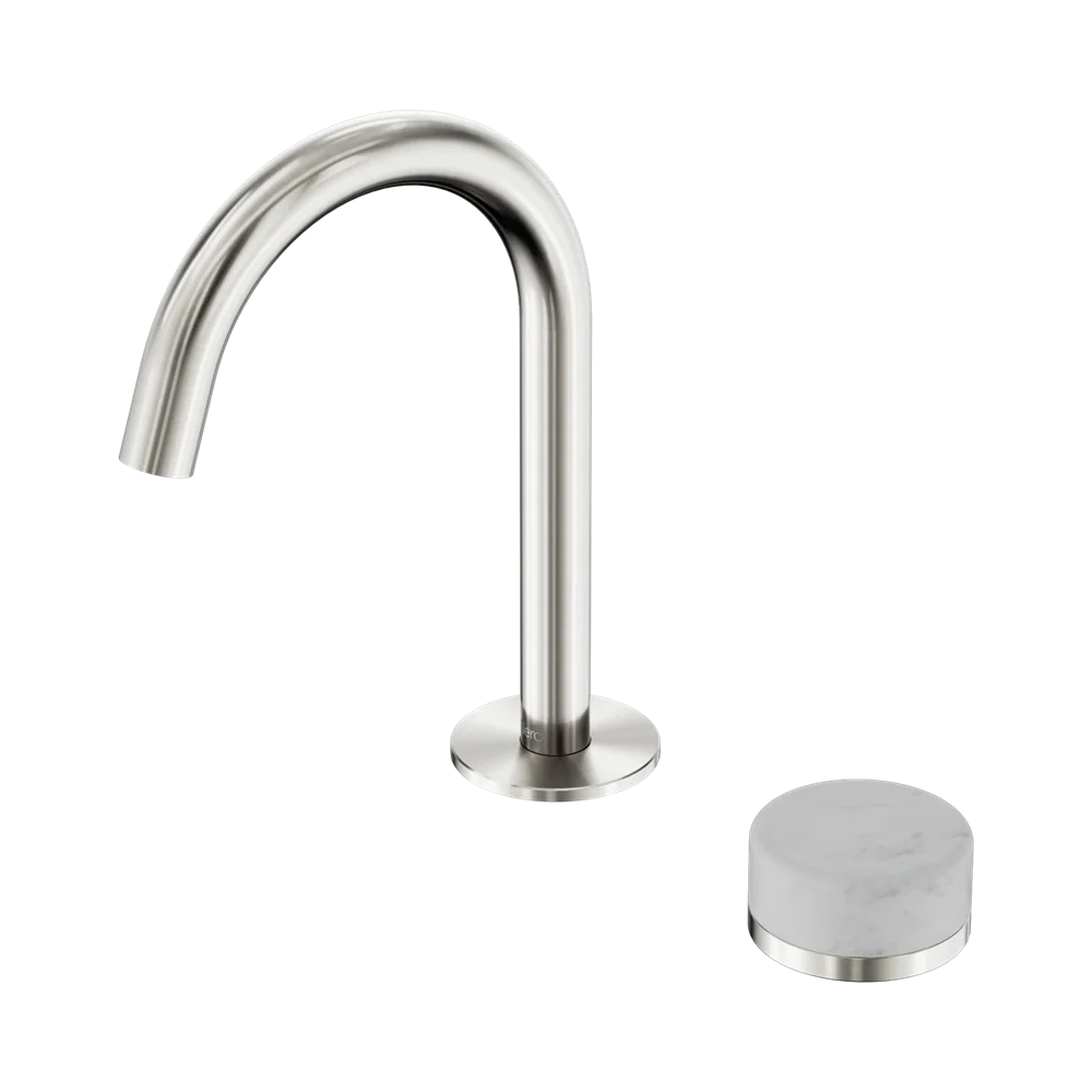 Nero Serenity Progressive Basin Mixer Arc Spout With Carrara Handle Brushed Nickel