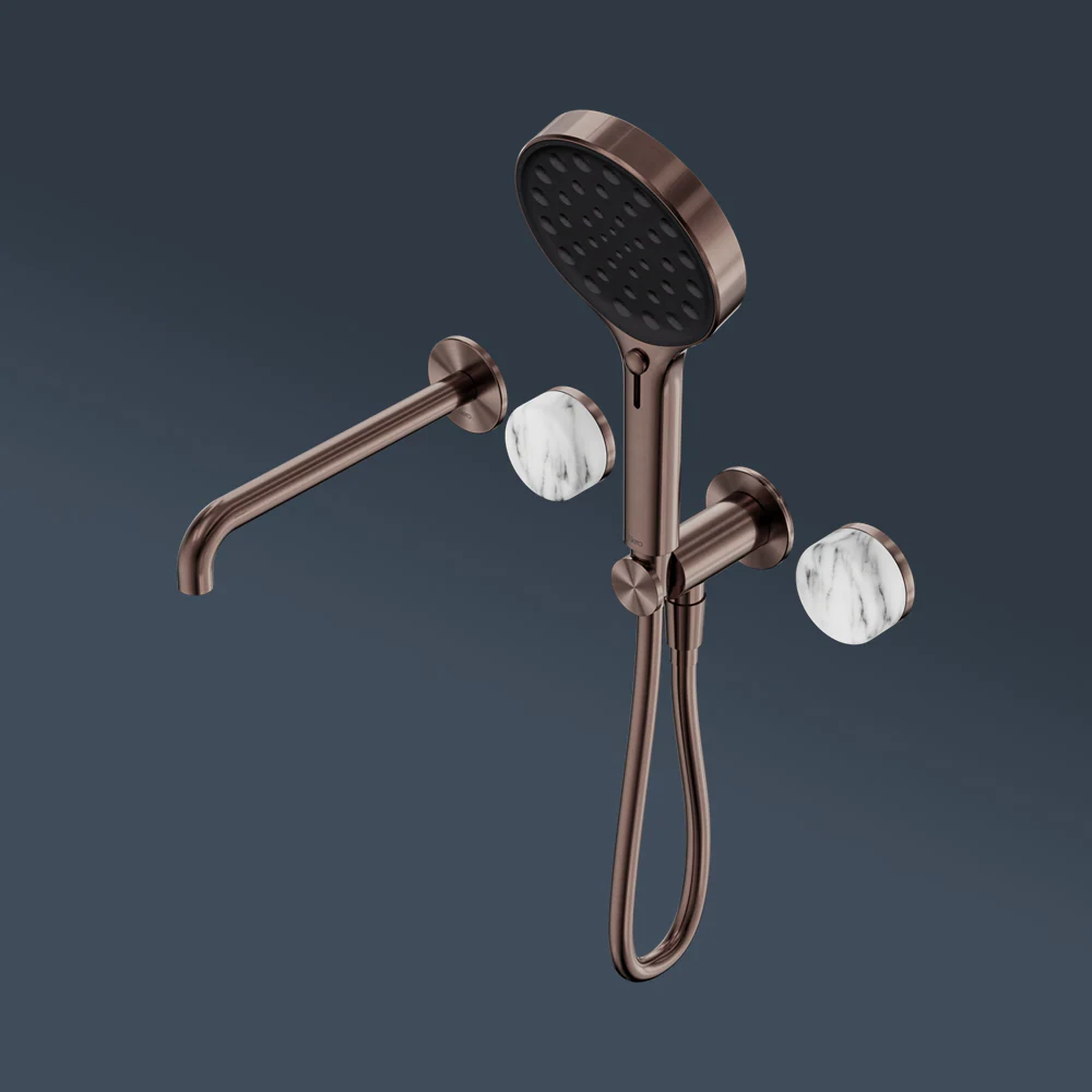Nero Serenity Progressive Shower System With Spout With Arabescato Corchia Handle And Serenity Hand Shower Brushed Bronze - Image 2