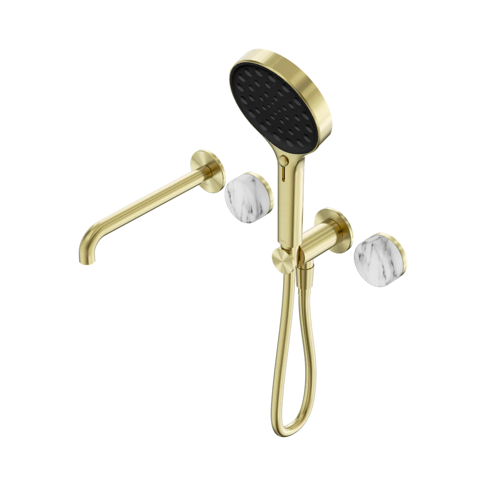 Nero Serenity Progressive Shower System With Spout With Arabescato Corchia Handle And Serenity Hand Shower Brushed Gold