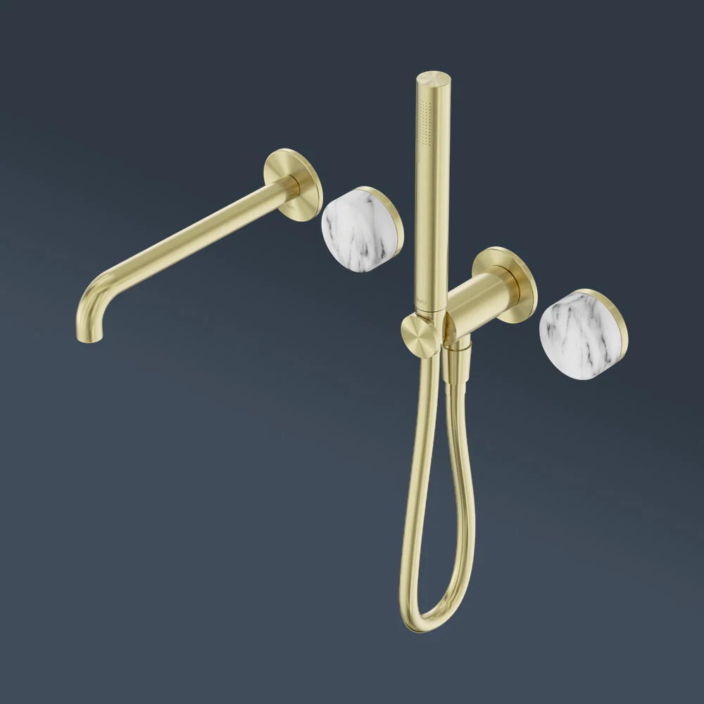 Nero Serenity Progressive Shower System With Spout With Arabescato Corchia Handle And Slim Shower Brushed Gold - Image 2