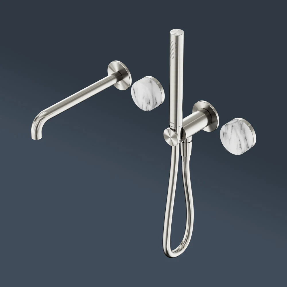 Nero Serenity Progressive Shower System With Spout With Arabescato Corchia Handle And Slim Shower Brushed Nickel - Image 2