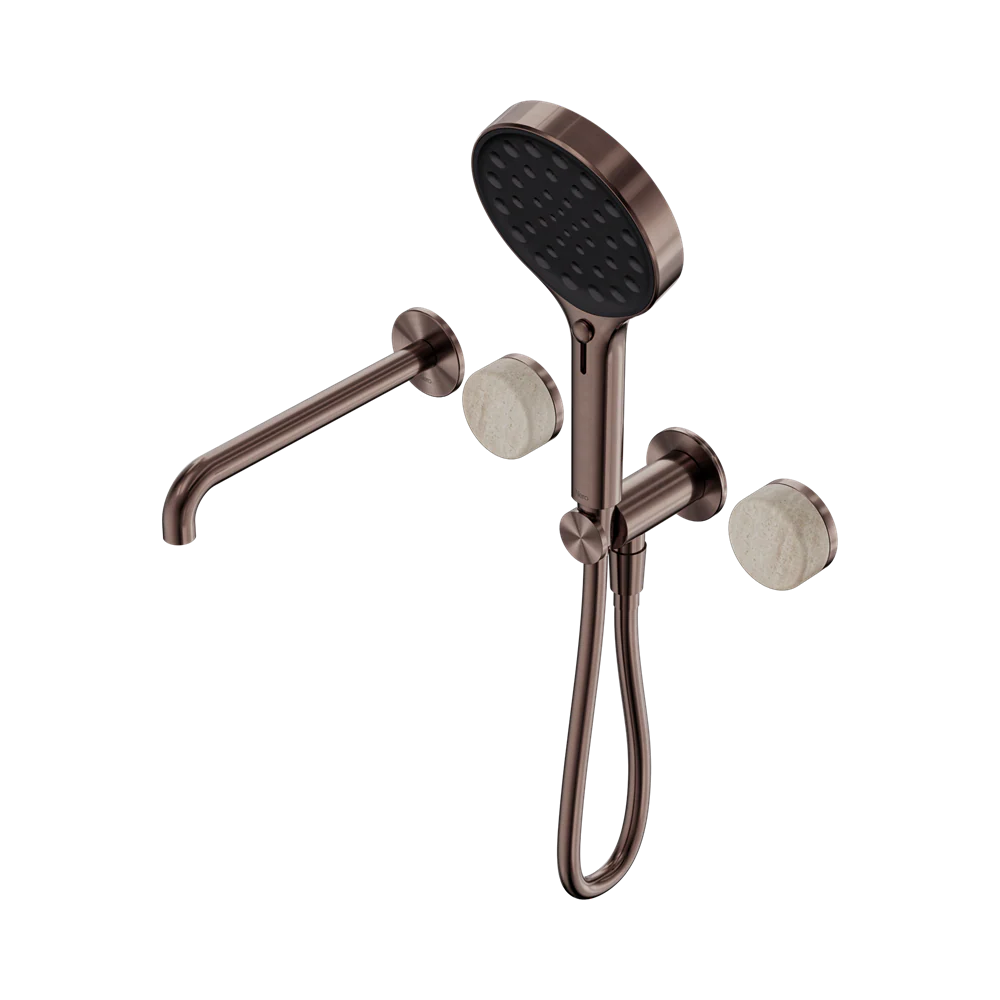 Nero Serenity Progressive Shower System With Spout With Rome Travertine Handle And Serenity Hand Shower Brushed Bronze