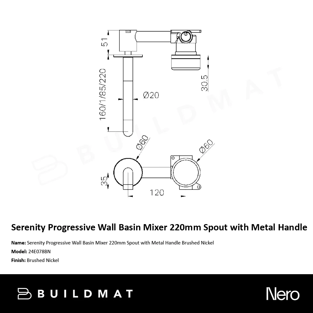 Nero Serenity Progressive Wall Basin/Bath Set 220mm Spout with Metal Handle Brushed Nickel - Image 4