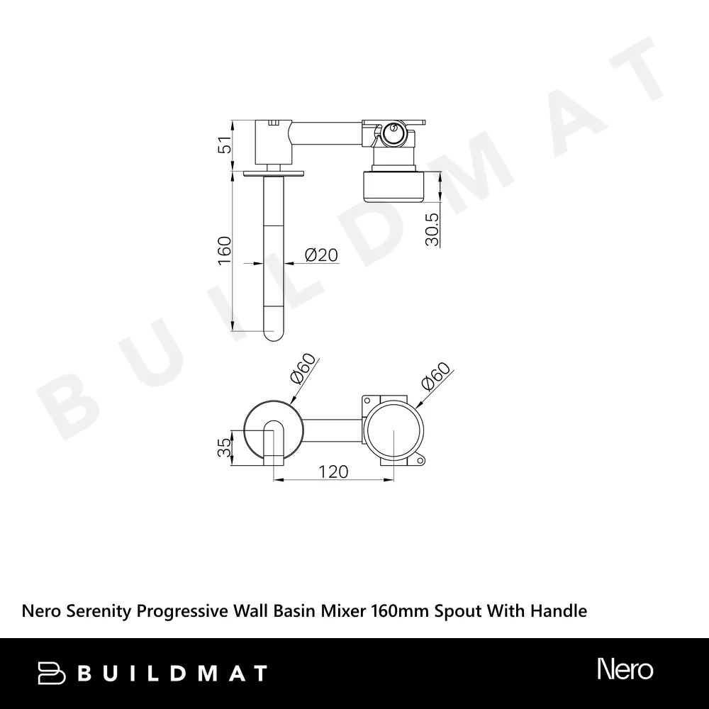 Nero Serenity Progressive Wall Basin Mixer 160mm Spout With Carrara Handle Brushed Nickel - Image 4