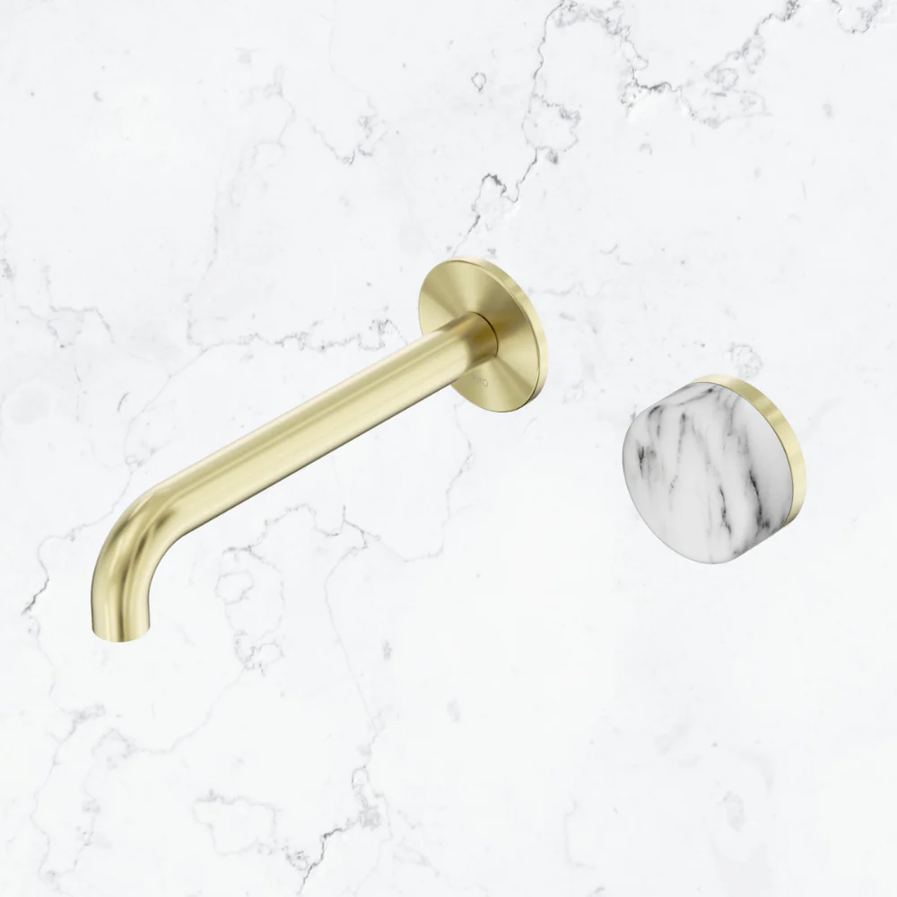 Nero Serenity Progressive Wall Basin Mixer 185mm Spout With Arabescato Corchia Handle Brushed Gold - Image 2