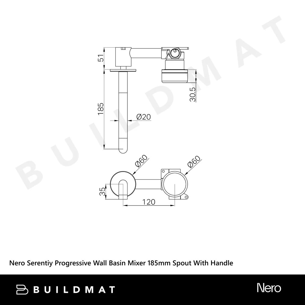 Nero Serenity Progressive Wall Basin Mixer 185mm Spout With Rome Travertine Handle Brushed Gold - Image 4