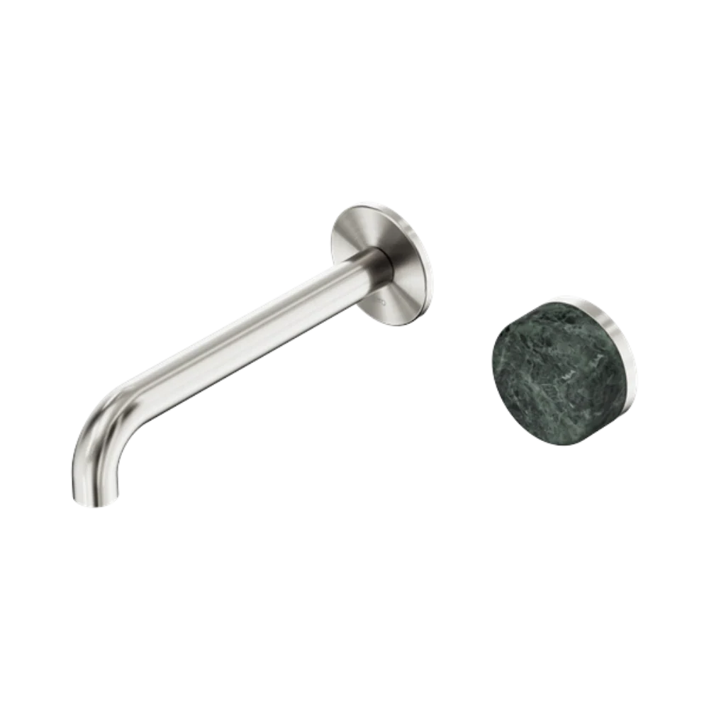 Nero Serenity Progressive Wall Basin Mixer 185mm Spout With Verde Alpi Handle Brushed Nickel