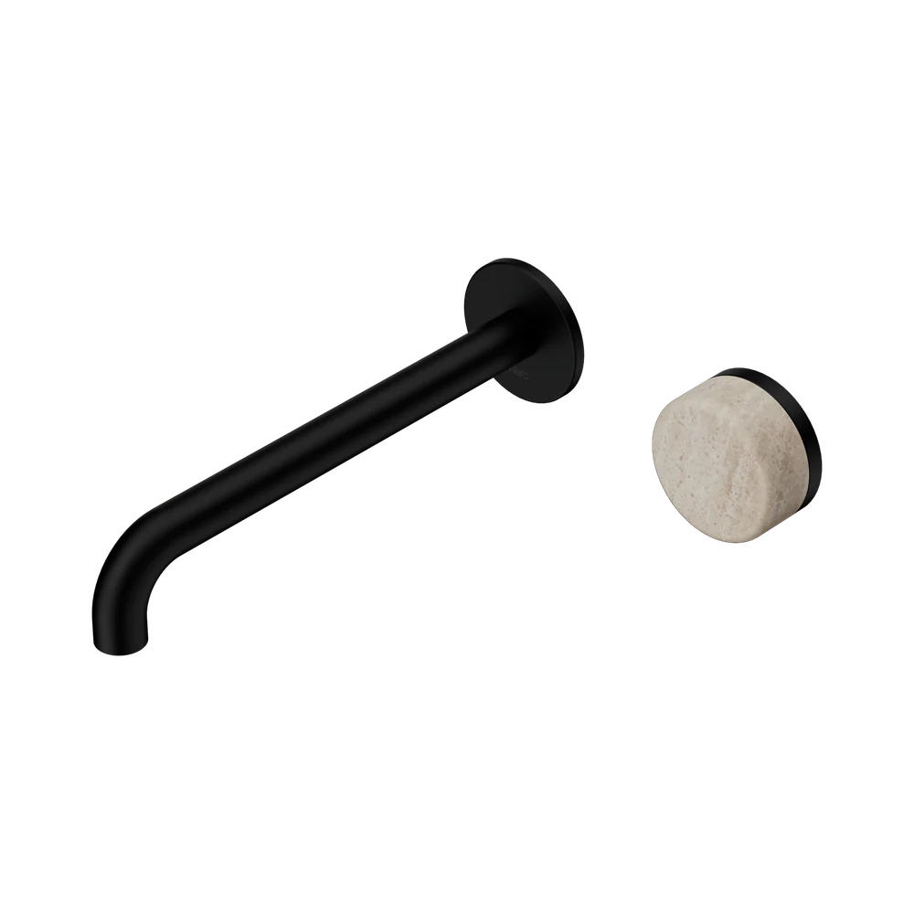 Nero Serenity Progressive Wall Basin Mixer 220mm Spout With Rome Travertine Handle Matte Black
