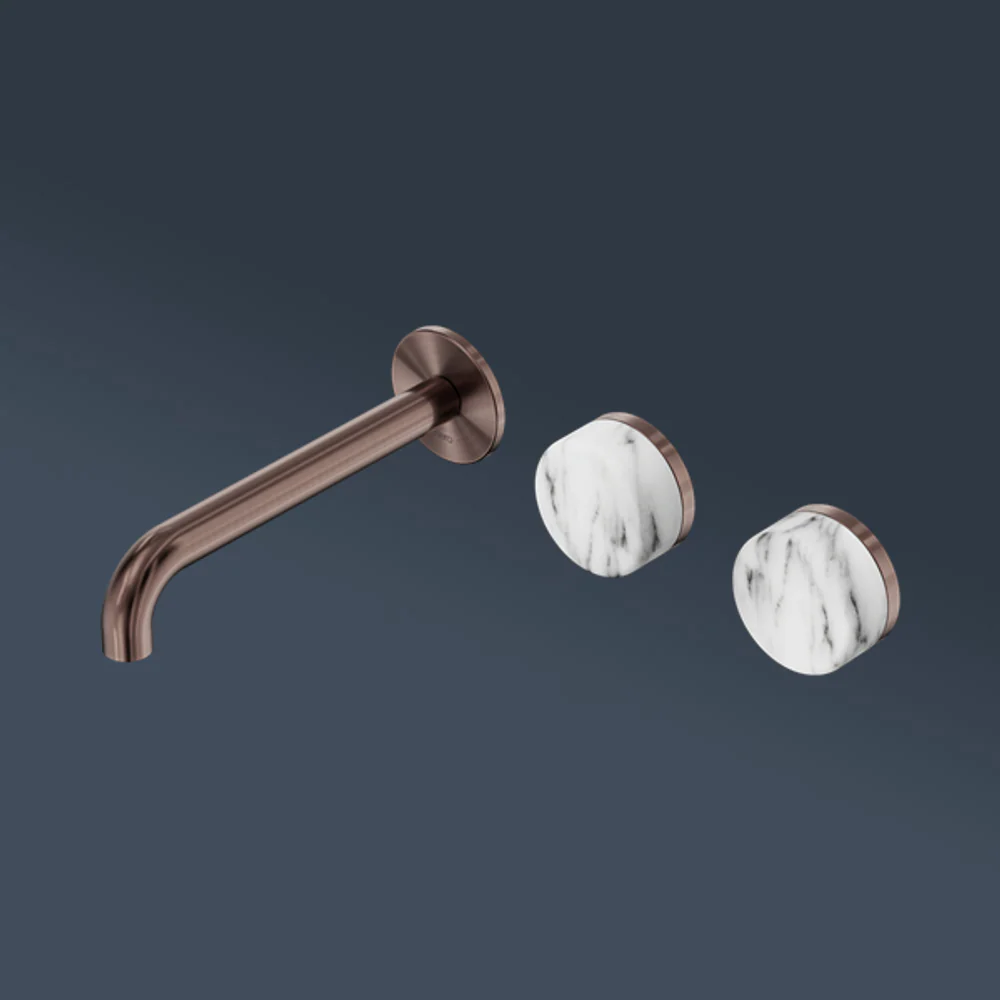 Nero Serenity Wall Basin Set 160mm Offset Spout With Arabescato Corchia Handle Brushed Bronze - Image 2