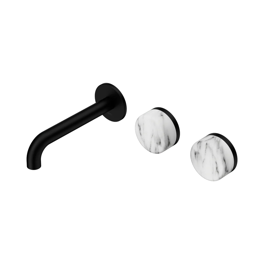Nero Serenity Wall Basin Set 160mm Offset Spout With Arabescato Corchia Handle Matte Black - Image 3