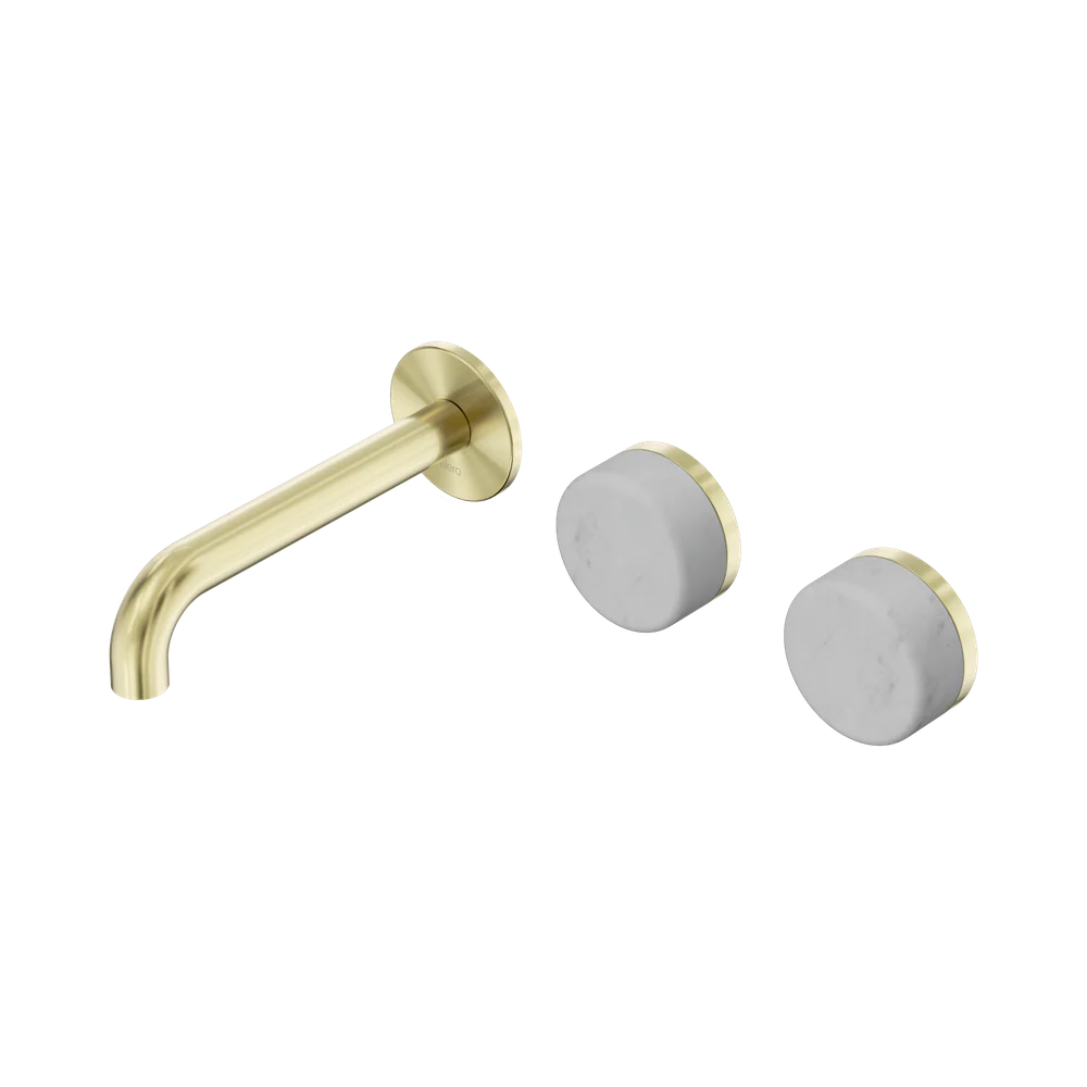 Nero Serenity Wall Basin Set 160mm Offset Spout With Carrara Handle Brushed Gold