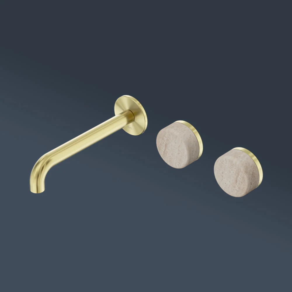 Nero Serenity Wall Basin Set 160mm Offset Spout With Rome Travertine Handle Brushed Gold - Image 2