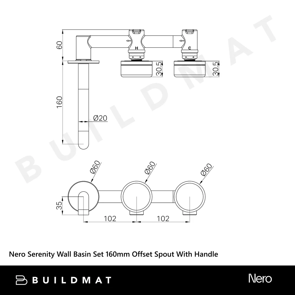 Nero Serenity Wall Basin Set 160mm Offset Spout With Rome Travertine Handle Chrome - Image 4