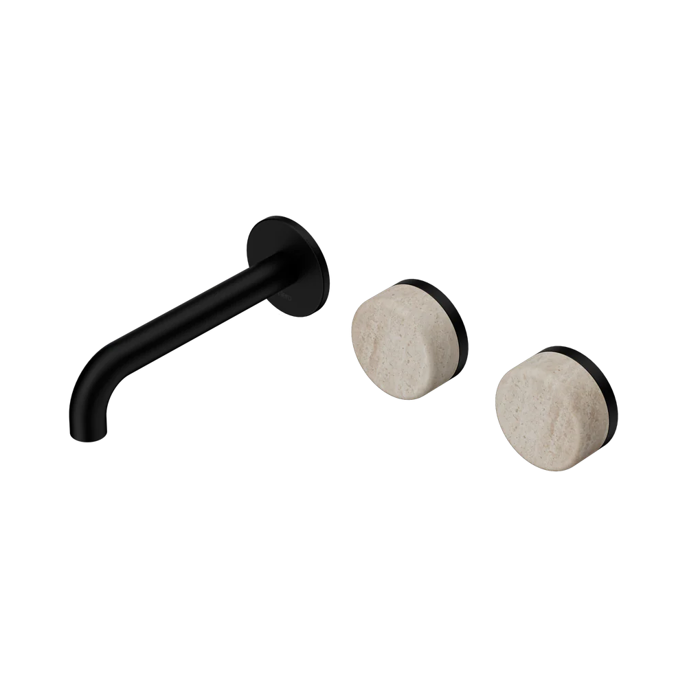 Nero Serenity Wall Basin Set 160mm Offset Spout With Rome Travertine Handle Matte Black