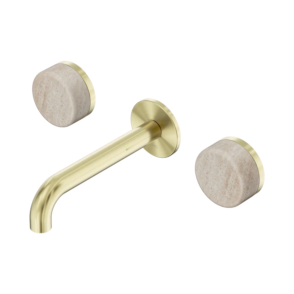 Nero Serenity Wall Basin Set 160mm Spout With Rome Travertine Handle Brushed Gold