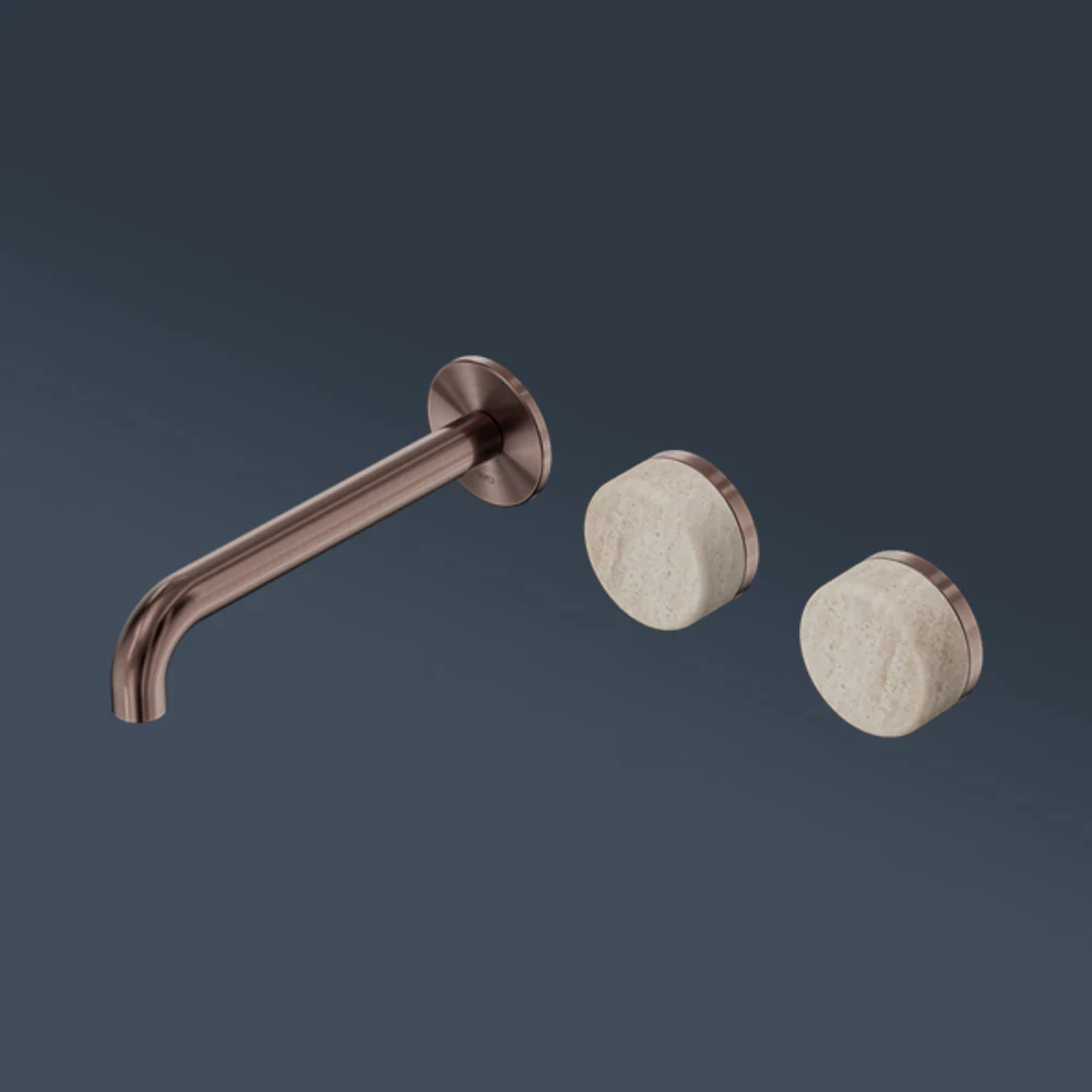 Nero Serenity Wall Basin Set 185mm Offset Spout With Rome Travertine Handle Brushed Bronze - Image 2