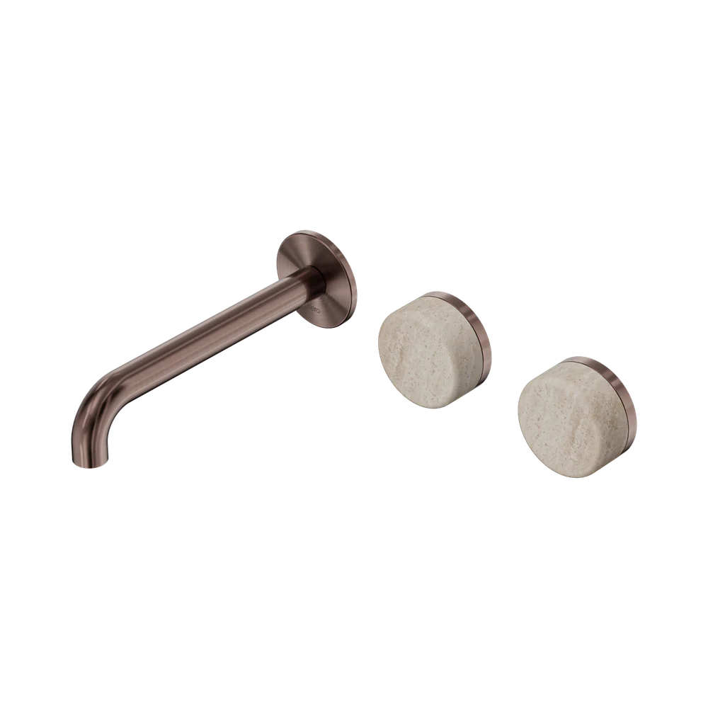 Nero Serenity Wall Basin Set 185mm Offset Spout With Rome Travertine Handle Brushed Bronze - Image 3