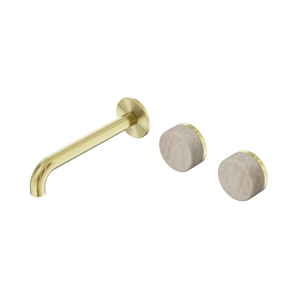 Nero Serenity Wall Basin Set 185mm Offset Spout With Rome Travertine Handle Brushed Gold - Image 3