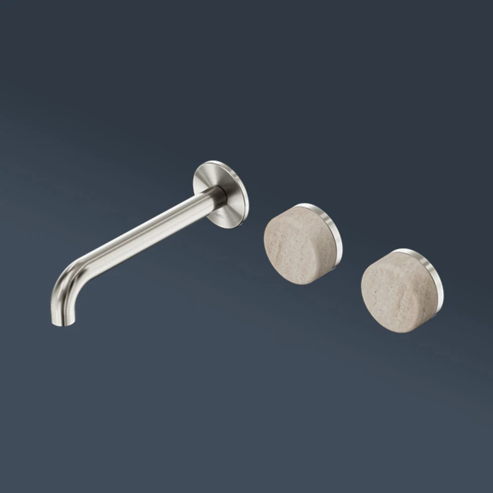 Nero Serenity Wall Basin Set 185mm Offset Spout With Rome Travertine Handle Brushed Nickel - Image 2
