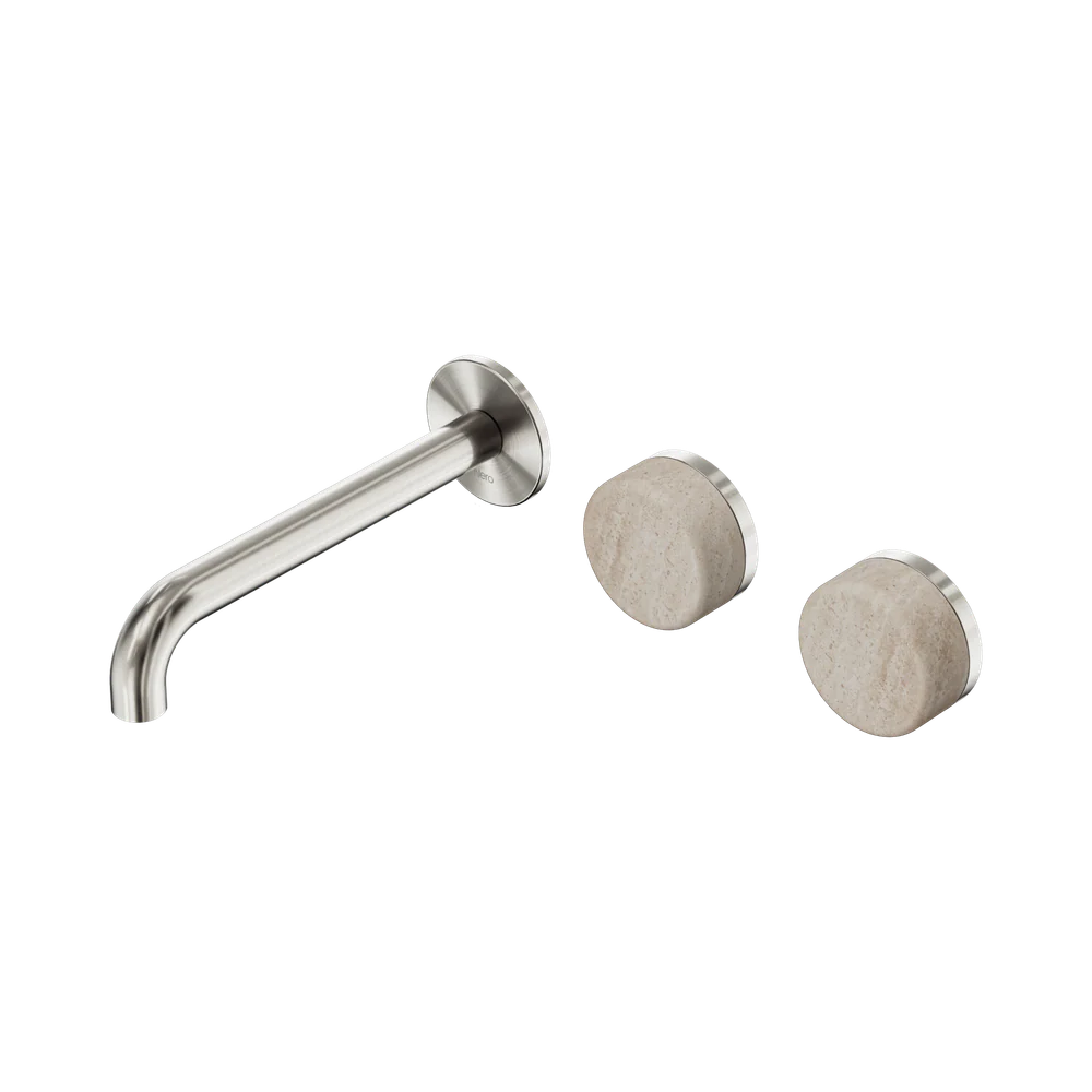 Nero Serenity Wall Basin Set 185mm Offset Spout With Rome Travertine Handle Brushed Nickel - Image 3