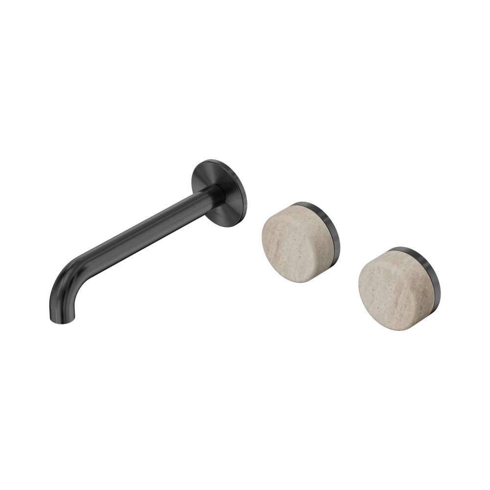 Nero Serenity Wall Basin Set 185mm Offset Spout With Rome Travertine Handle Gunmetal