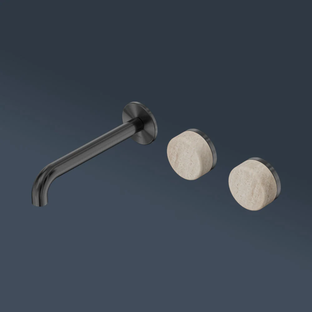 Nero Serenity Wall Basin Set 185mm Offset Spout With Rome Travertine Handle Gunmetal - Image 2