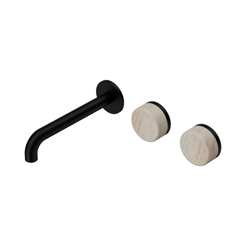 Nero Serenity Wall Basin Set 185mm Offset Spout With Rome Travertine Handle Matte Black