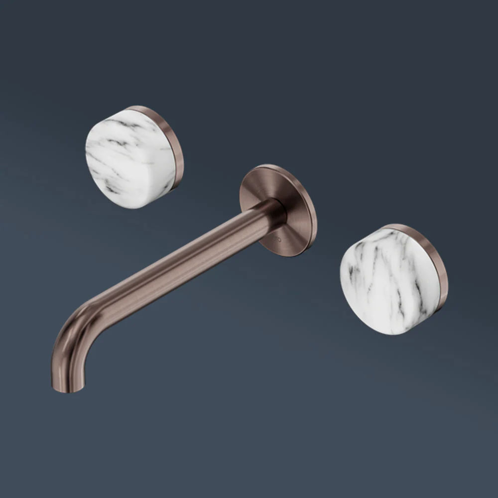 Nero Serenity Wall Basin Set 185mm Spout With Arabescato Corchia Handle Brushed Bronze - Image 2