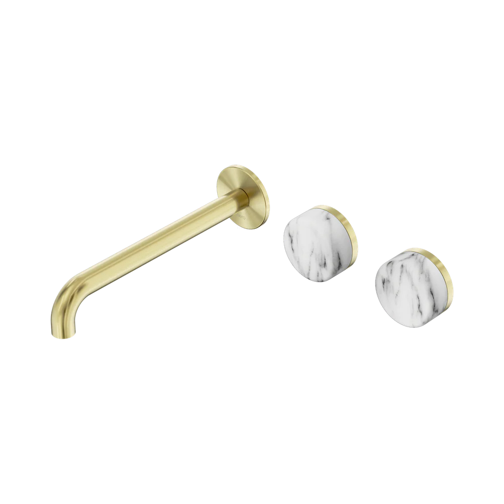 Nero Serenity Wall Basin Set 220mm Offset Spout With Arabescato Corchia Handle Brushed Gold - Image 3