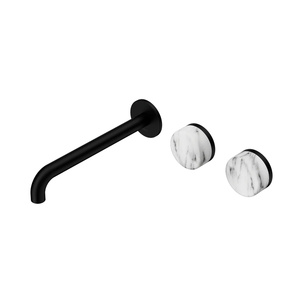Nero Serenity Wall Basin Set 220mm Offset Spout With Arabescato Corchia Handle Matte Black - Image 3