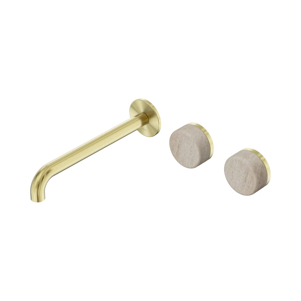 Nero Serenity Wall Basin Set 220mm Offset Spout With Rome Travertine Handle Brushed Gold - Image 3