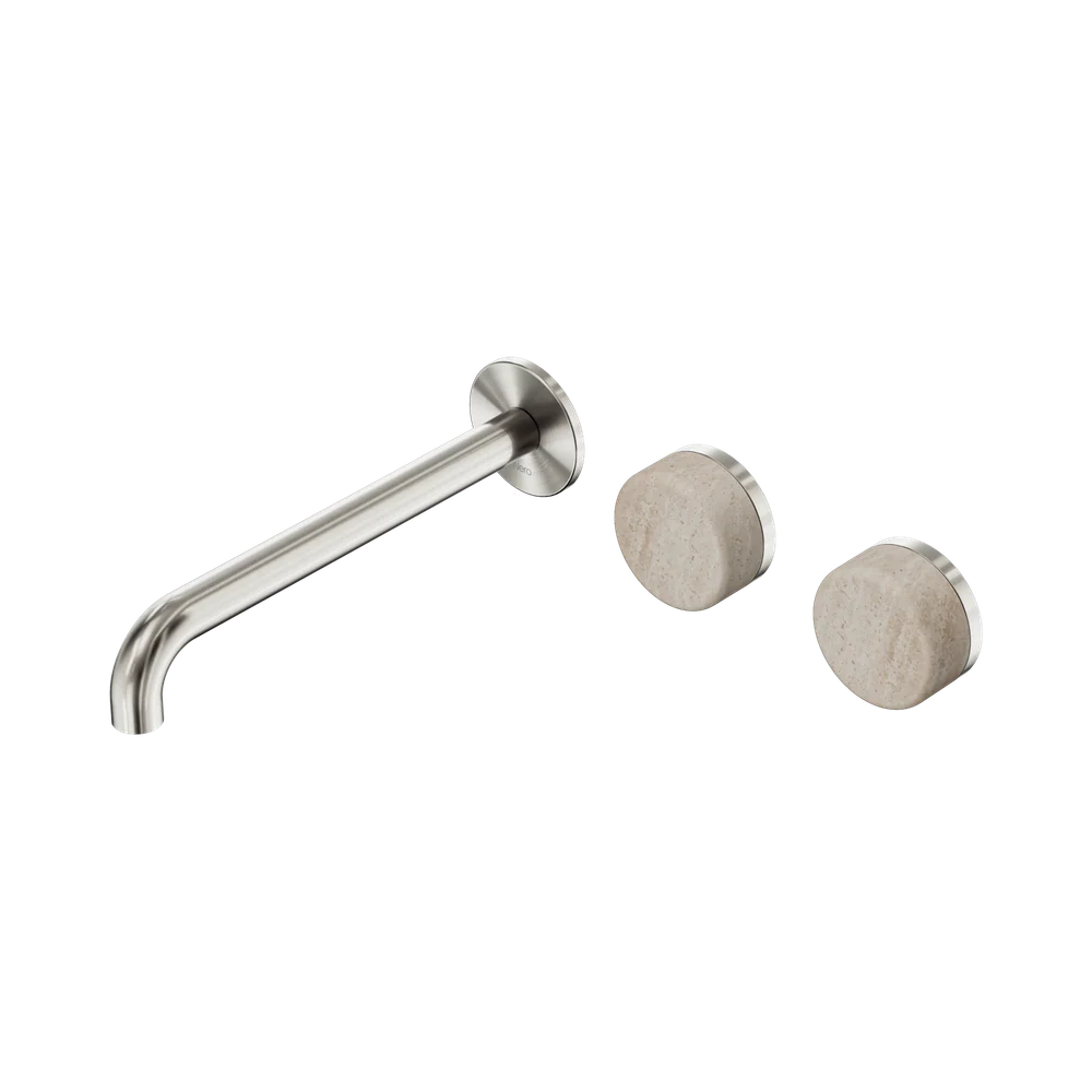 Nero Serenity Wall Basin Set 220mm Offset Spout With Rome Travertine Handle Brushed Nickel - Image 3