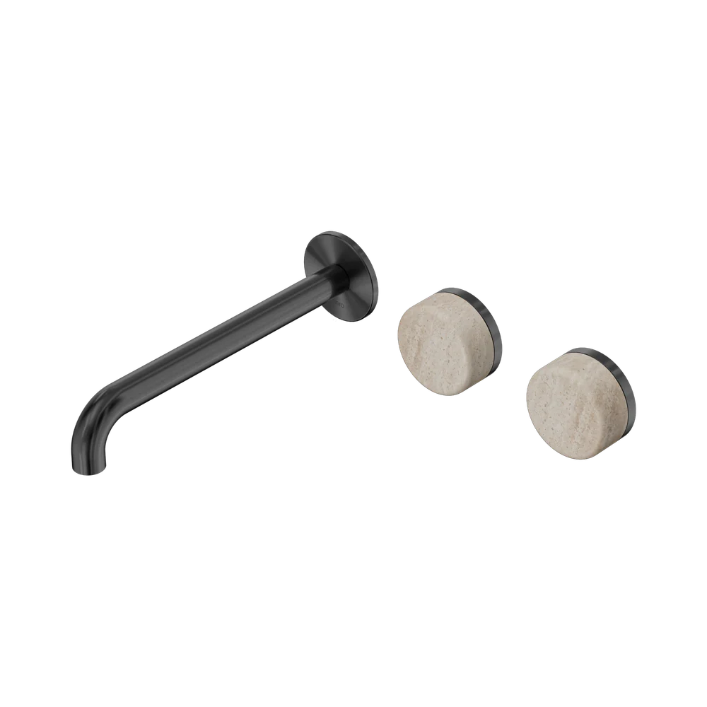 Nero Serenity Wall Basin Set 220mm Offset Spout With Rome Travertine Handle Gunmetal