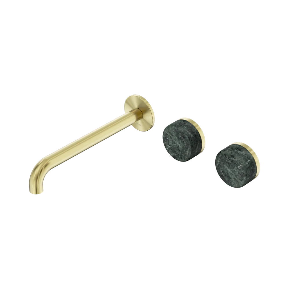 Nero Serenity Wall Basin Set 220mm Offset Spout With Verde Alpi Handle Brushed Gold