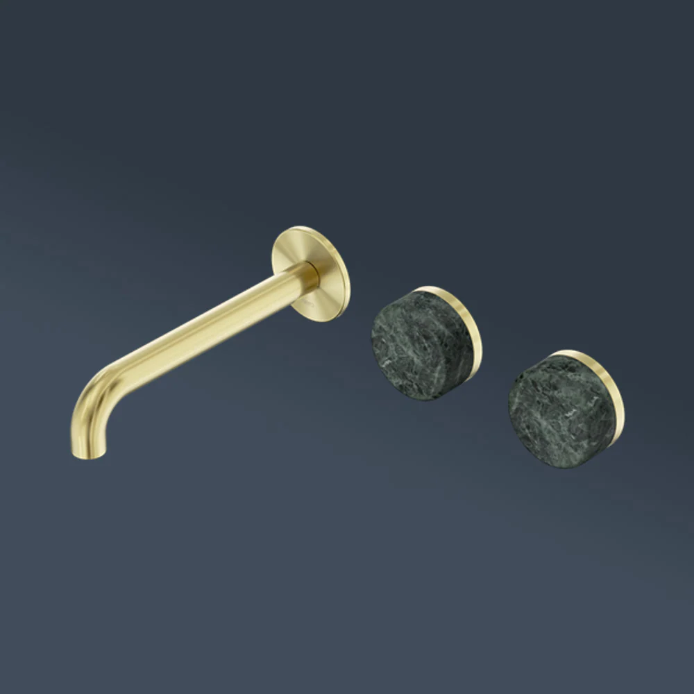 Nero Serenity Wall Basin Set 220mm Offset Spout With Verde Alpi Handle Brushed Gold - Image 2